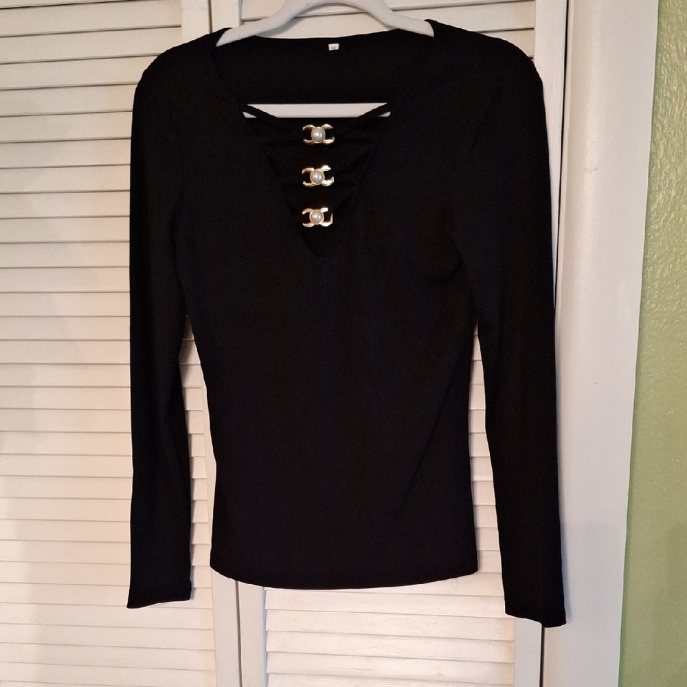 Chic Black Long Sleeve Top with Buckle Accents